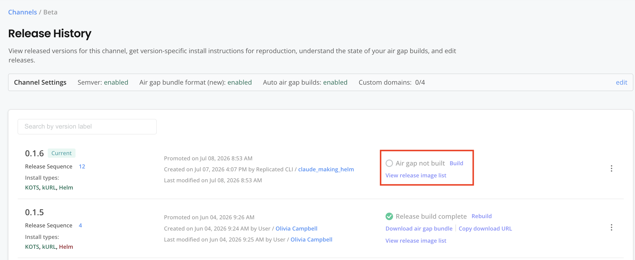 Vendor portal release history page
